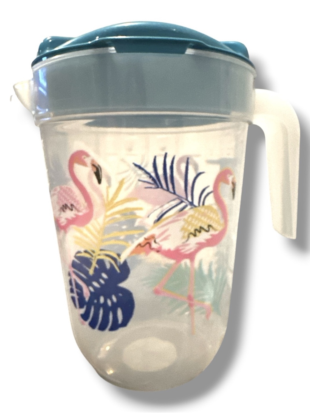 Clear Flamingo Plastic Pitcher with Teal Lid 1 gallon